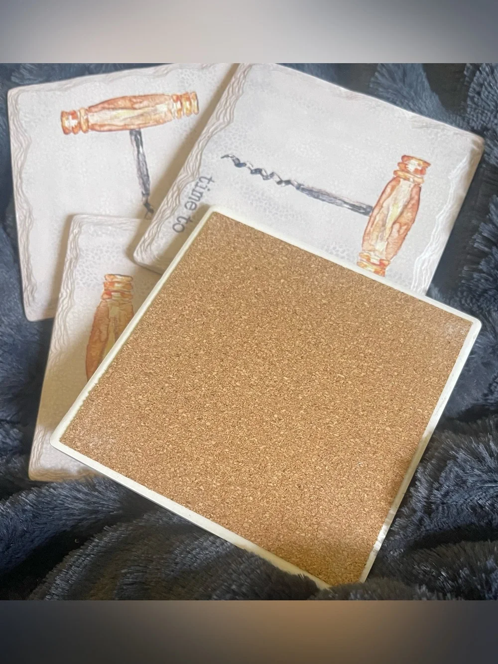 French Graffiti Coasters Time To Unwind Set of 4 ceramic Cork Wine Patio Deck